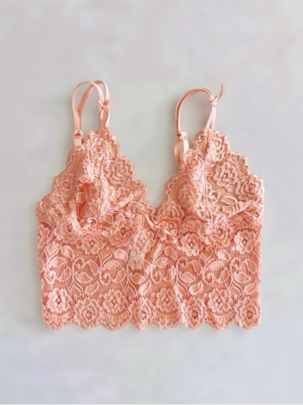 Cabernet Coral Pink Lace Bralette Top, Ribbon Bow & Adjustable Straps sz. S